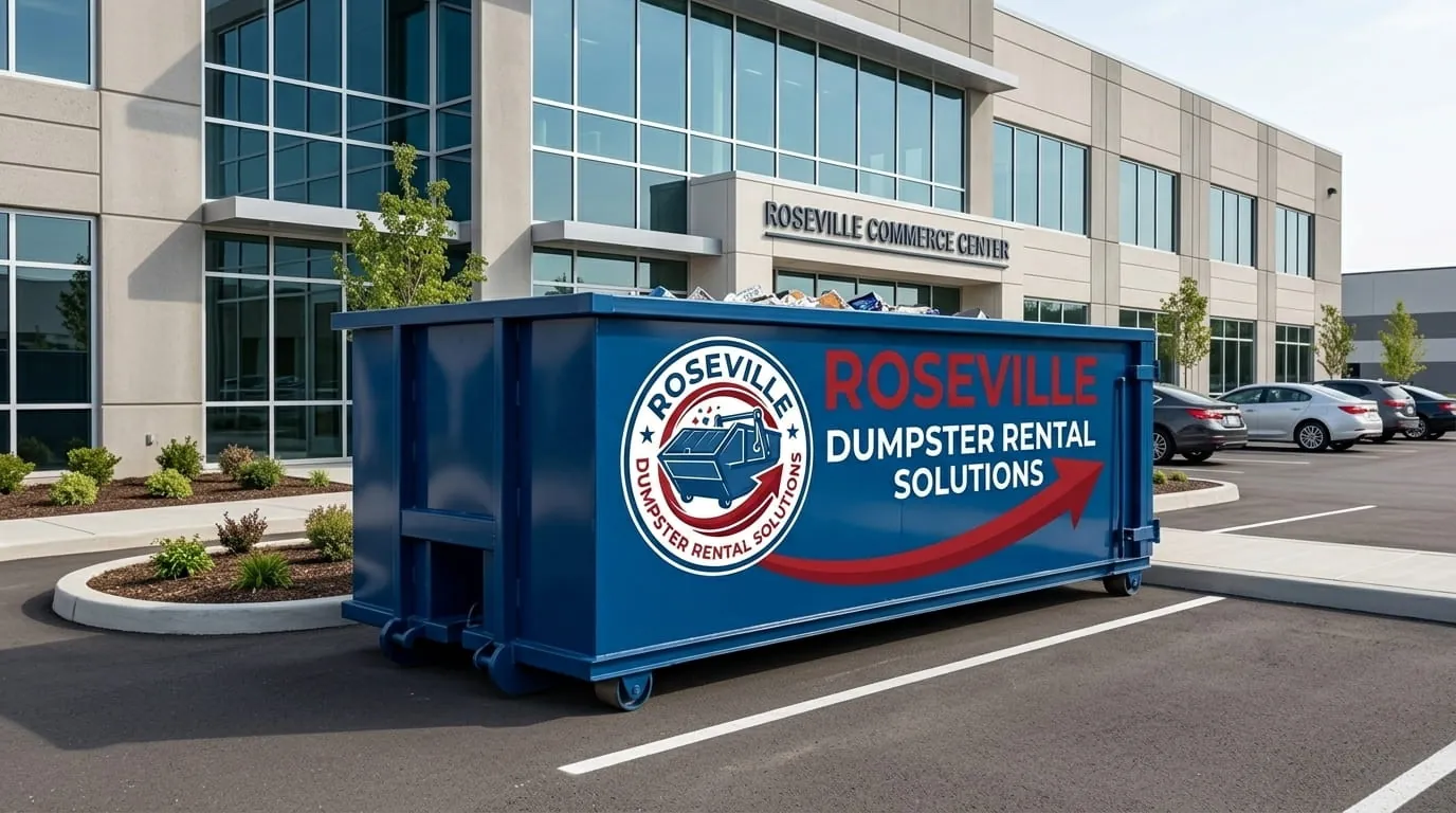 Commercial roll-off container at an office plaza in Roseville, Michigan Commercial roll-off container at an office plaza in Roseville, Michigan