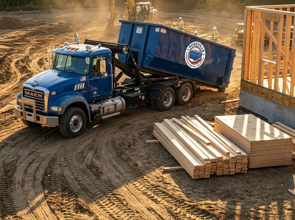 Roll-off truck delivering a container to a framing site in Roseville, Michigan Roll-off truck delivering a container to a framing site in Roseville, Michigan