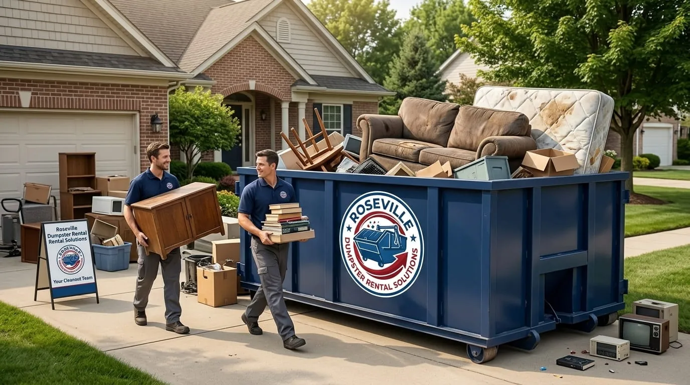 Crew loading bulky furniture and timber into a roll-off container in Roseville, Michigan Crew loading bulky furniture and timber into a roll-off container in Roseville, Michigan