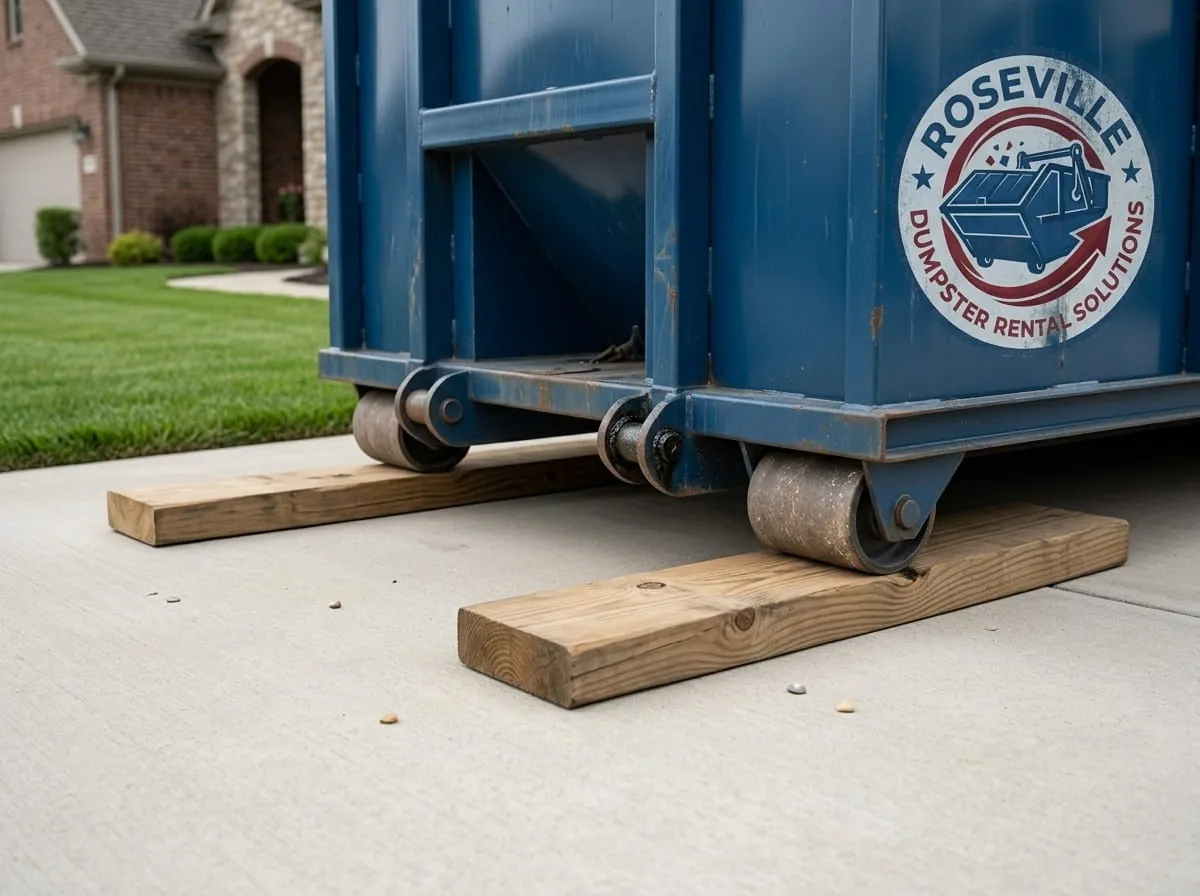 Close-up of a roll-off dumpster resting on timber protection boards on a driveway Close-up of a roll-off dumpster resting on timber protection boards on a driveway