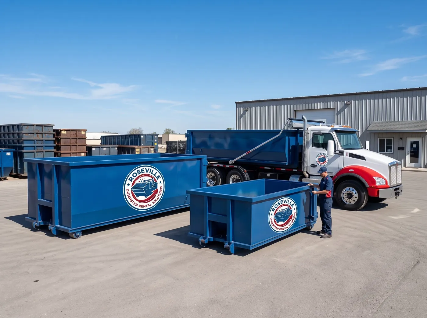 Roseville Dumpster Rental Solutions roll-off truck fleet parked at the Roseville yard