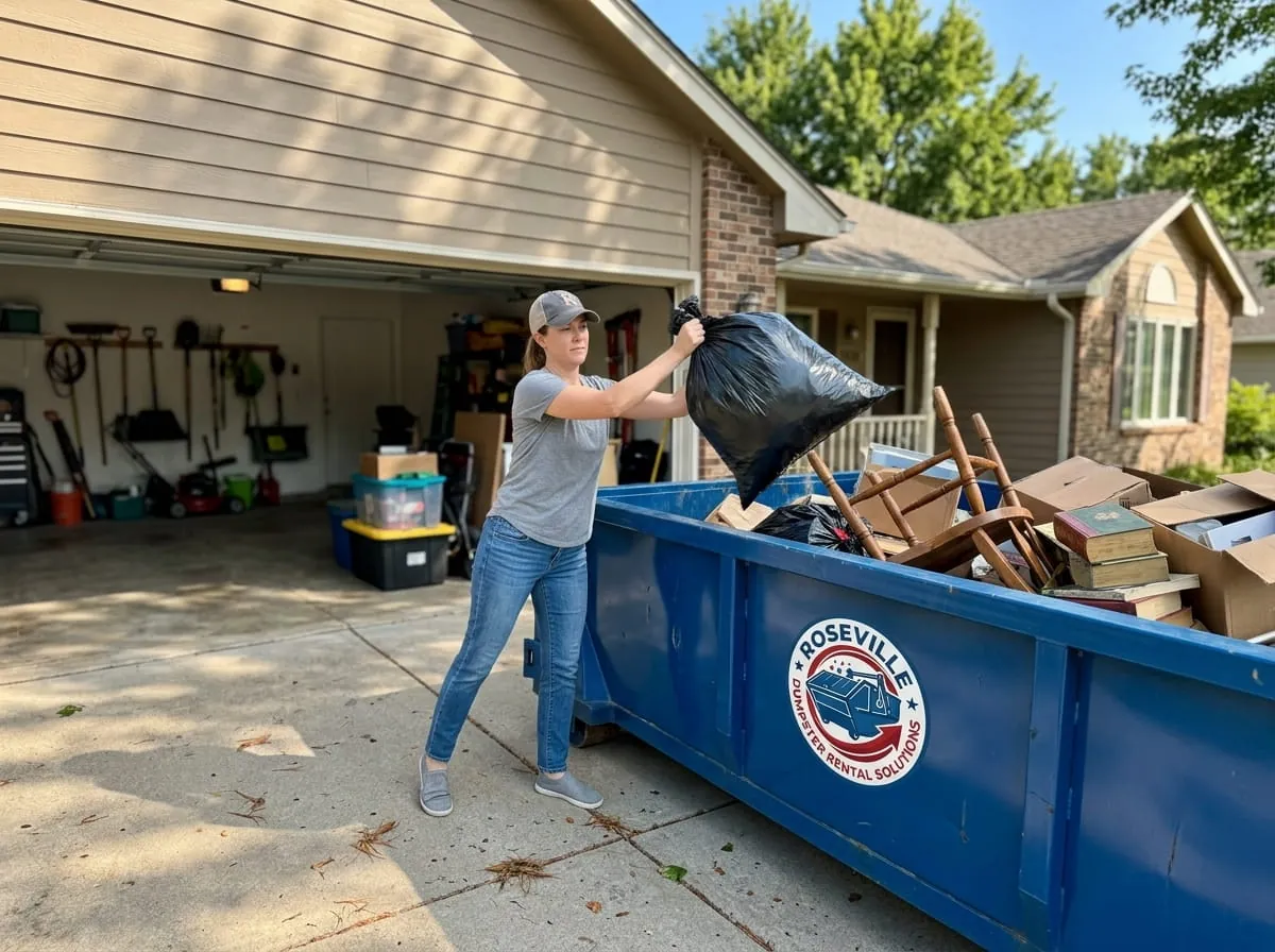 Homeowner loading a bag of household junk into a roll-off dumpster in Roseville, Michigan Homeowner loading a bag of household junk into a roll-off dumpster in Roseville, Michigan