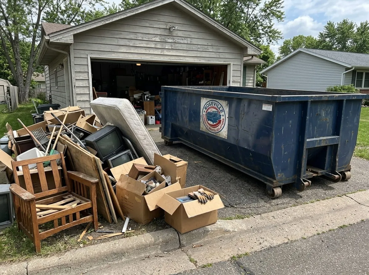 Roll-off dumpster on a driveway loaded with household and yard debris in Roseville, Michigan Roll-off dumpster on a driveway loaded with household and yard debris in Roseville, Michigan